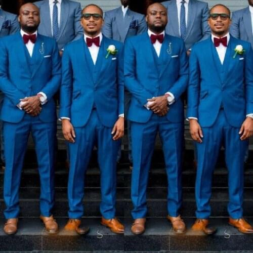 Vintage Blue Men Suits Slim Fit Tuxedo Groom Wedding Prom Terno Masculino Blazer 3 Pcs Jacket+Vest+Pants Costume Homme Mariage