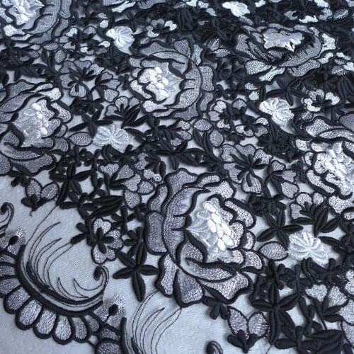 Hight quality Black&silver gray mixed metallice on mesh embroidered evening dress lace fabric 1 yard 110cm width