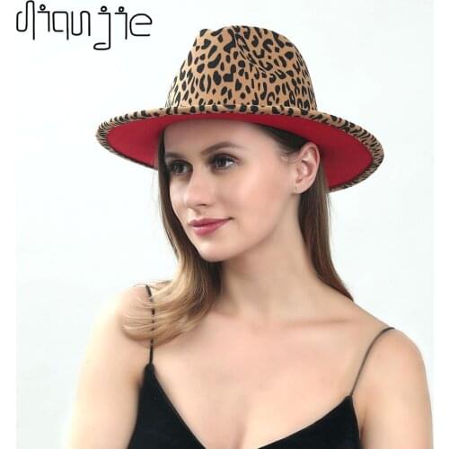2021 winter fedora hats for women fashion Flat wide Brim Panama Wool Felt Jazz Fedora Hats for men Leopard with red wedding Hat