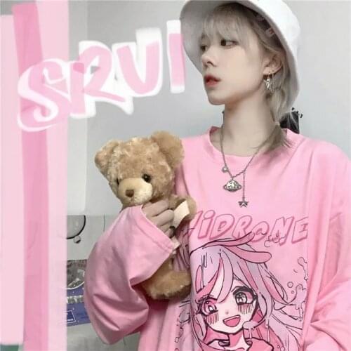 Japanese Anime Long sleeve female T-shirt Funny Tshirt kawaii print loose t-shirt top harajuku Streetwear Casual Vintage T-shirt