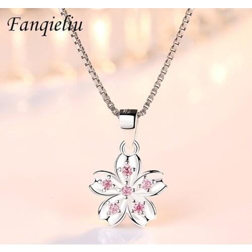 Fanqieliu Pink Crystal Jewerlry Vintage Real 925 Sterling Silver Cherry Blossoms Flower Pendant Necklace For Women FQL21200