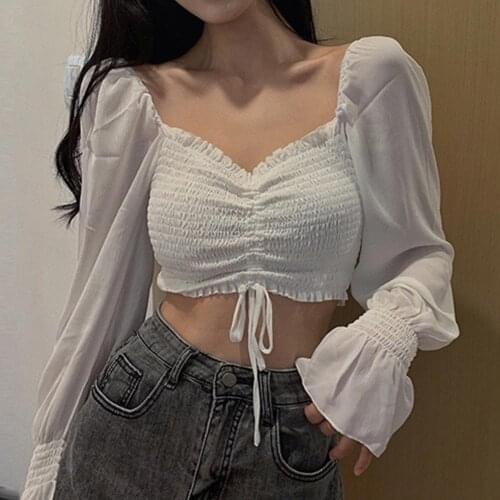 Women Tops And Bloues Sexy Women Long Sleeve Square Neck Shirt Drawstring Off Shoulder Blouse Crop Top