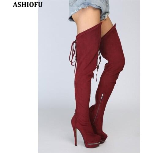 ASHIOFU New Handmade Women Thigh High Boots Shoelace Sexy Night Club Platform Over Knee Boots Evening Fashion Long Boots Shoes