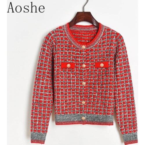 Plaid Women Cardigan 2020 Winter Coat Office Ladies Long Sleeve Round Neck Single Breasted Cardigan Korean Female Sweater