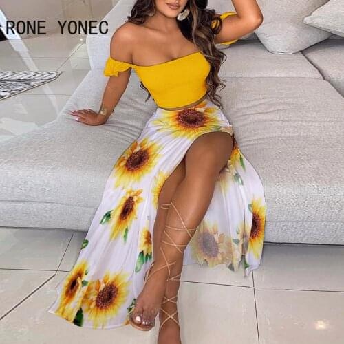 Women Off Shoulder Shirred Ruffles Top & Sunflower Print High Slit Maxi Skirt Set Women Summer Vacation Suit