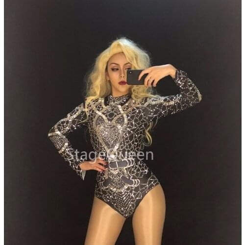 Women Sexy Stage Black Bling Bodysuit Silver Sparkling Crystals Pearls Jumpsuit Nightclub Party Stage Wear Performance Costumes