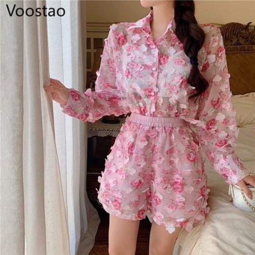 Sweet Fashion Chiffon 2 Piece Sets Women Summer Floral Blouse Loose Sun Proof Cardigan Tops High Waist Shorts Casual Chic Suit