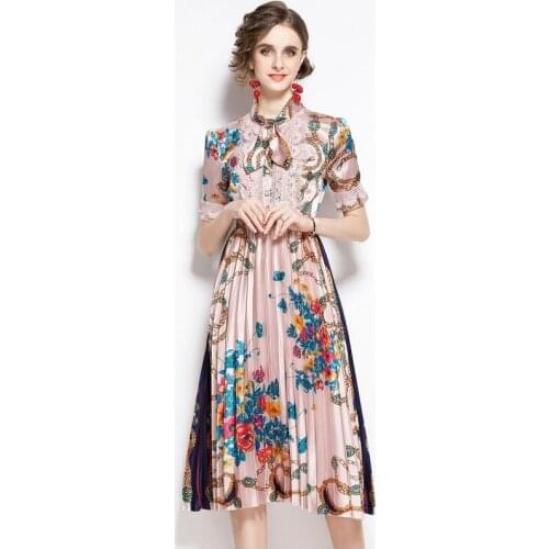 New Fashion Elegant Woman Dress Bowknot Collar Short Sleeve Lace Patchwork Printed Pleated Dress 2020 Summer Dress Women Vestido