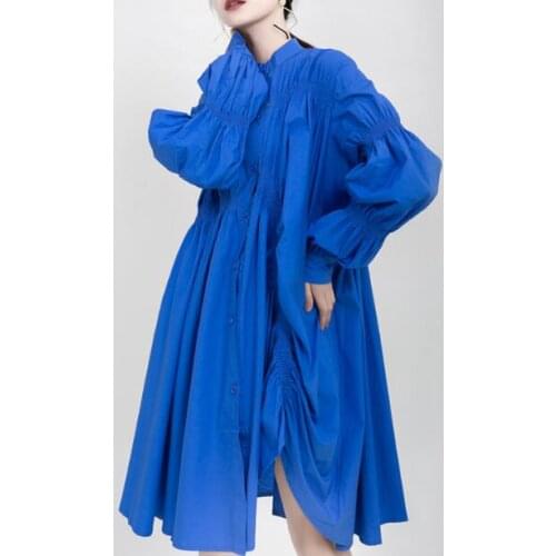 Womens spring autumn long lantern sleeve causal loose irregular dress female runway fashion plus size chic dress TB1018