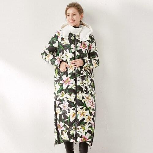 Winter new printed down jacket for women Europe and America thickened white duck down extended over the knee jacket