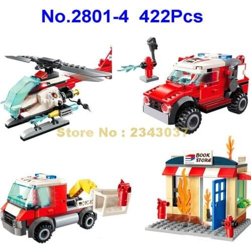 2801-4 422pcs Urban Fire Rescue Helicopter Car Truck Book Store 8 Building Blocks Toy