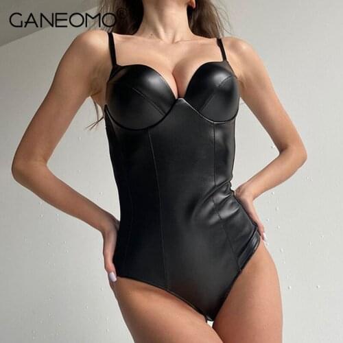 Black Pu Leather Sleeveless Sexy Bodysuit for Women Fashion Skinny Straps Body Top Jumpsuit Catsuit Summer Casual Streetwear