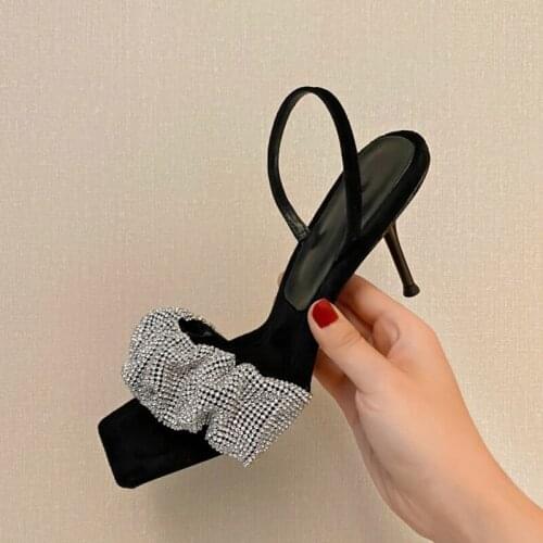 Black Crystal Back Strap Sandals Square Toe Dress Ladies Shoes Pleated Silver Crystal Fashion Women Shoes High Heel Sandals