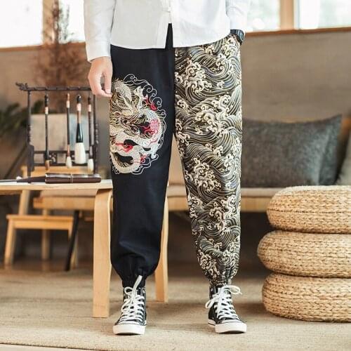 Chinese Style Dragon Embroidery Casual Harem Pants Wide Leg Joggers Trousers Patchwork Ankle Asian Streetwear Pants Male 11399