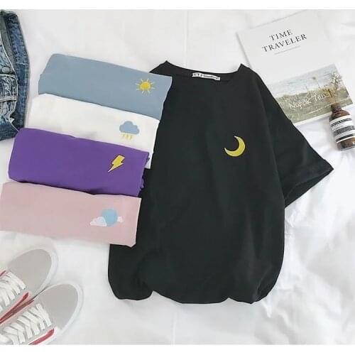 T-shirt Women Short Sleeve Tees O-Neck Embroidery All-match Basic Fashion Big Size Large Size 2XL Unisex Teens Leisure Soft Y2K