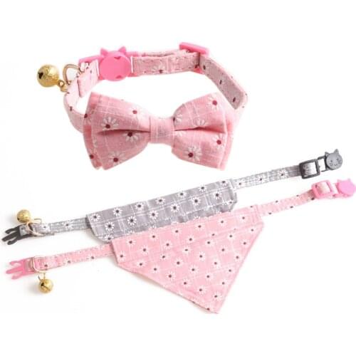 Cute Bowknot Pets Cat Collars Cotton Floral Bow Tie Kitten Bells Necklace Adjustable Puppy Cats Chihuahua Bandana Collar