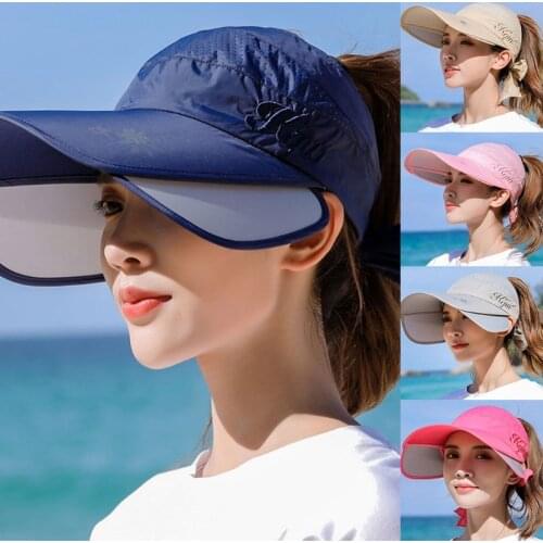 Korean Style Women Empty Top Canvas Sun Visor Hat Wide Brim Sunscreen Adjustable Beach Baseball Cap with Chin Strap
