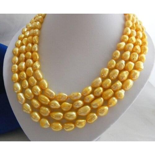 Beautiful 4Strands 17" 9MM Golden Baroque Freshwater Pearl Necklace