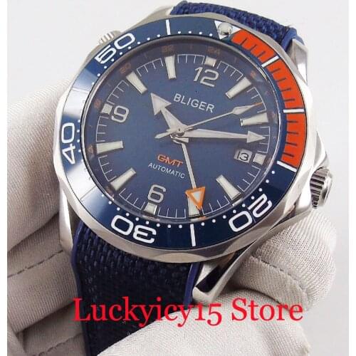 BLIGER Self Winding Men Watch Automatic Movement Blue Dial Ceramic Bezel Rubber Strap GMT Hand