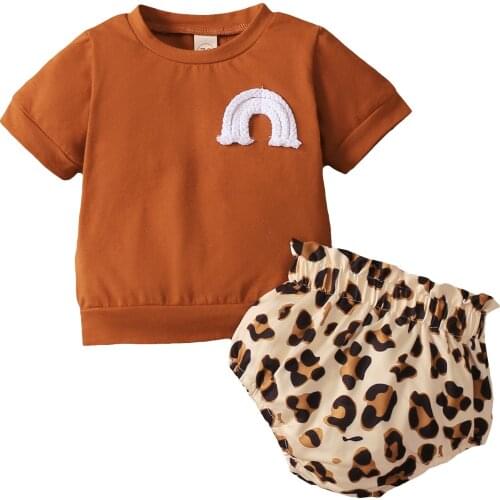 New 2Pcs Little Girls Outfit, Toddlers Summer Short Sleeve Round Collar Rainbow Tops + Leopard Print/Dot Printing Shorts Set