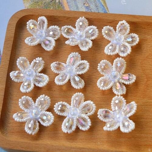 New 20pcs 33mm Woven Crochet Handmade Crystal Rhinestone Pearl Beading Flower Charms Pendant DIY Decoration Patch Sticker