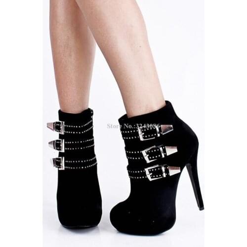 New Suede Stiletto Heel Metal Buckles Woman Short Boots Fashion Rivets Platform Ankle Boots Lady Large Size Dress Shoes Dropship