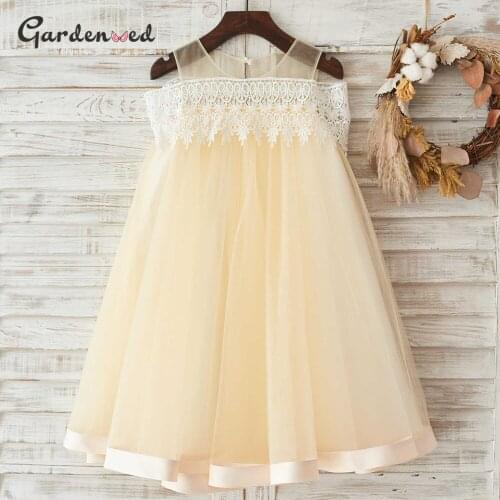 Puffy Champagne Lace First Communion Dress Girl Off Shoulder Tulle Lace Flower Girl Dress Flower Appliques Little Bride Dresses