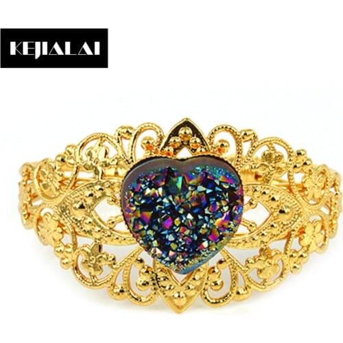 Romantic Vintage Bangle Fashion Women Jewelry Heart Shape Natural Stone Cuff Bracelet Colorful Quartz Birthday Wedding Gift