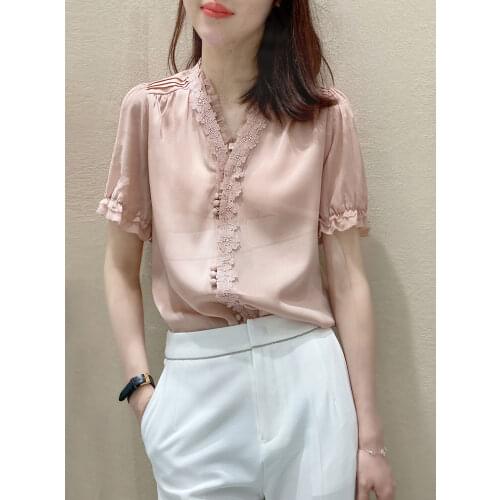 Pink Fashion Design Satin Silk Lace Solid Women Shirts Summer New 2021 V-Neck Short-Sleeved Slim Solid Elegant Office Lady Tops
