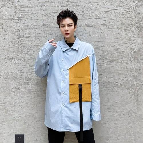 Youth Handsome Men Streetwear Pocket Splice Casual Loose Long Sleeve Shirt Stage Fashion Show Hip Hop Clothing Male