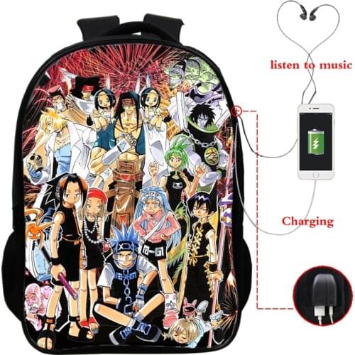 Shaman King Print Anime Backpack Boys Girls School Bag Teenager Usb Cable Backpacks Women Men Bookbag College Travel Schoolbag