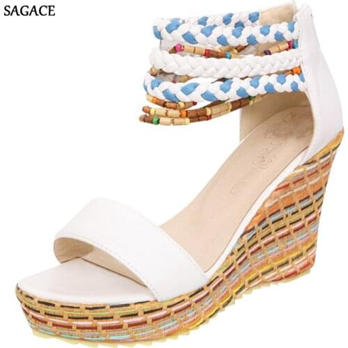 SAGACE Womens Open Toe Breathable Wedges Thick Bottom Rear Zipper Shoes Roman Sandals Summer Shoes 2020 Beach Vintage Sandalias