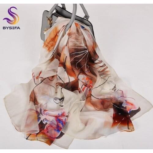 [BYSIFA] Beige Coffee Pure Silk Long Scarves Hijabs Female Fall Winter Lotus Leaves Style Natural Silk Scarf Ladies Head Scarves