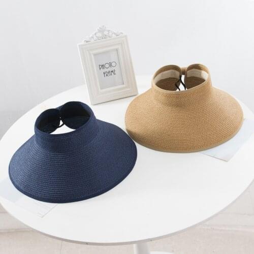 2021 Summer Women Foldable Open Top Straw Sun Hat Bowknot Back Adjustable Breathable UV-Protection Wide Brim Beach Visor Cap