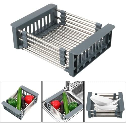 Drain Basket Adjustable Sink Dish Drainers Telescopic Sink Storage Rack Kitchen Organizer Dish Drying Rack Stainless Steel