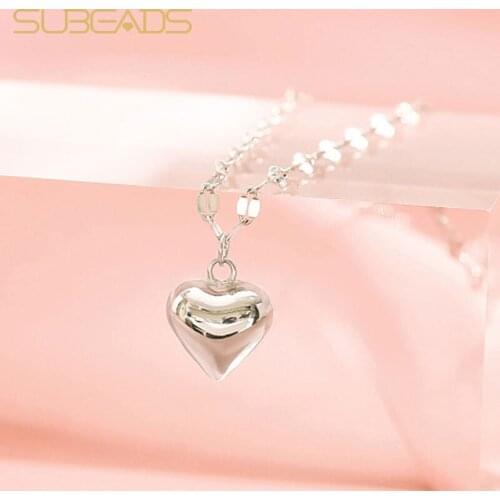 Subeads Shiny Silver Color Smooth Heart Pendant Necklace for Women Solid Heart Love Couple Girlfriend Wife Gift Fine Jewelry