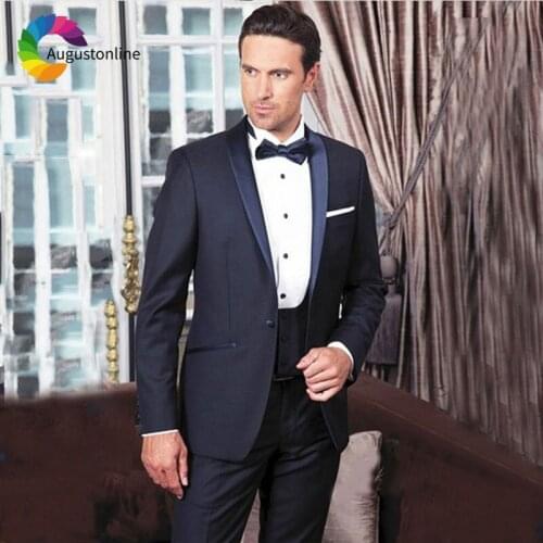 Navy Blue Men Suits for Wedding Shawl Lapel Custom Made Groom Tuxedos Slim Fit Best Man Blazers 3 Pieces Jacket Pants Vest