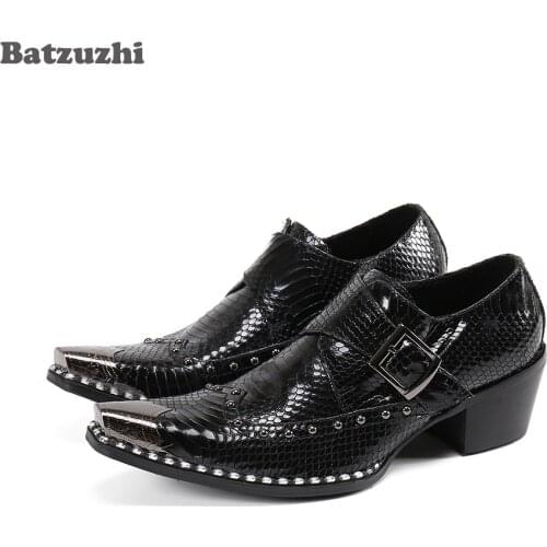 Batzuzhi 6.5cm High Heels Mens Shoes Zapatos Hombre Leather Mens Dress Shoes Metal Pointed Toe Black Business, Party Shoes