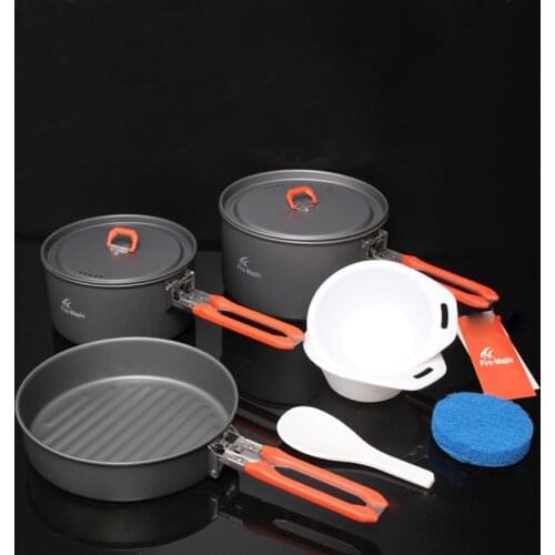 Fire Maple Camping Hiking Cookware Backpacking Cooking Picnic Pot Pan Set Foldable Handle 2 Pots 1 Frypan Feast 3