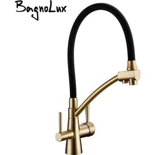 Nozzle can be pulled out Kitchen hot and cold water with filtered water faucet brushed gold plus black double handle single hole