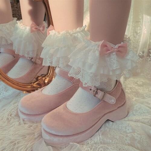 High quality Cute pink Lolita lace lace bow cotton pile socks fairy lace socks