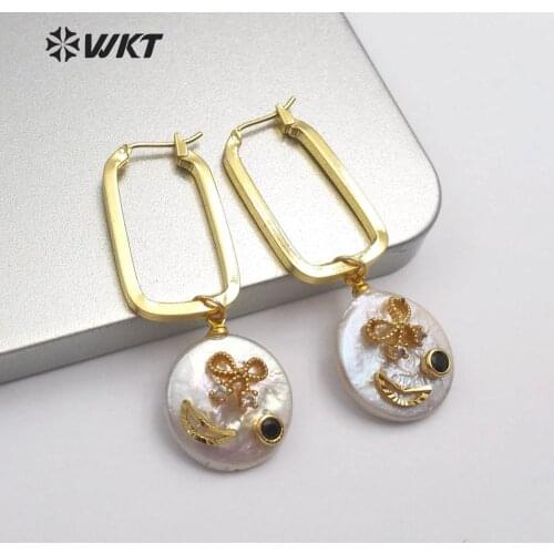 WT-E559 New! natural pearl Earring with gold drop shape with snowflake patterns cz pave Earring women charm Earrings Jewelry