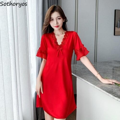 Women Sexy Sleepshirts Lace Patchwork Slim Cozy Short Sleeve Large Size M-3XL Nightgowns Trendy Females Lounge Leisure 2021 New