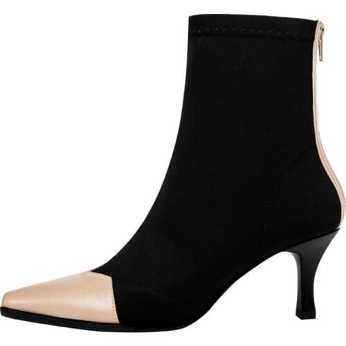 Ladies Short Boots Womens New Plus Velvet Pointed Toe Socks Boots Black Suede Mid-tube High-heeled Elastic Boots