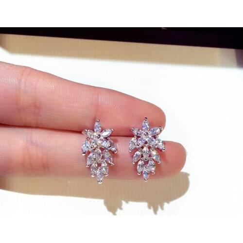 925 Sterling Silver Bling Cubic Crystal Leaf Stud Earrings High Quality Woman Fashion Jewelry New Zircon Hot Sale Earring