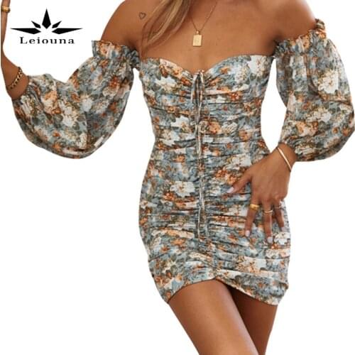 Leiouna Fashion Slash Neck Printing Sexy Strapless Backless Puff Sleeve Women Shirring A-line Pencil Mini Dress