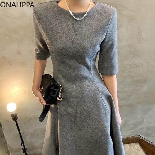 ONALIPPA Women Dress 2021 Autumn Korean Minimalist Temperament Round Neck Slimming Waist Design Large Swing Puff Sleeve Vestidos