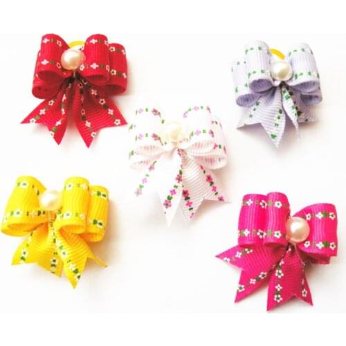 100PC/Lot Handmade Pearls Dog Hair Bows Flowers Small Dog Grooming Bows Rubber Bands Pet Dog Accessories