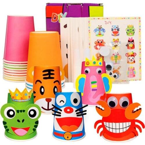 12PCS DIY Paper Cup Stickers Childrens Handmade Paper Cup Material Package Disposable Colorful Paper Cup With 2 Glue Stick