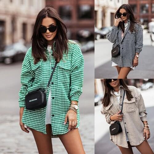 2021 Vintage Houndstooth Shirt Women Autumn Winter Long Sleeve Ladies Elegant Loose Blouses Streetwear Female Oversize Outwear